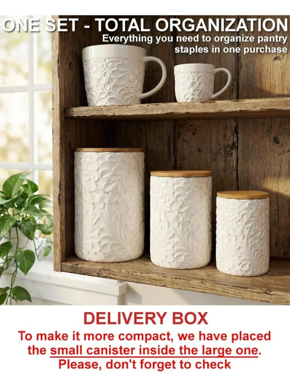 Set of 3 Engraved Ceramic Canisters with Airtight Bamboo Lids - Kitchen Storage